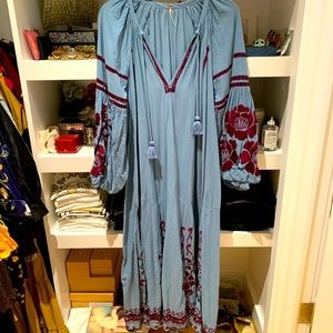 Free people maxi dress. Beautiful blue color with maroon embroidery. Size small